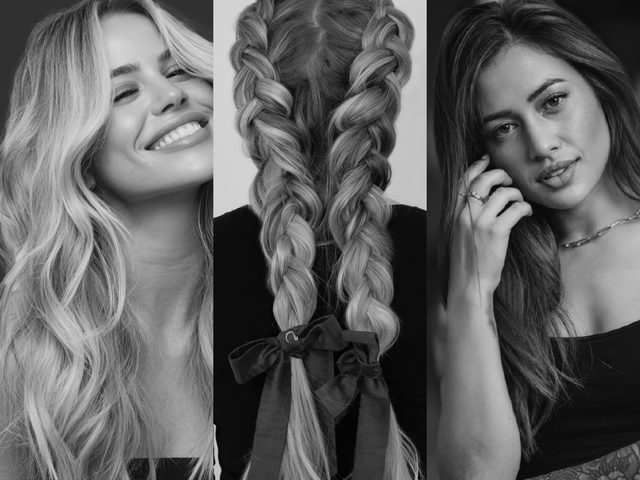 Drei Frisuren: lange Wellen, zwei geflochtene Zöpfe, lange glatte Haare